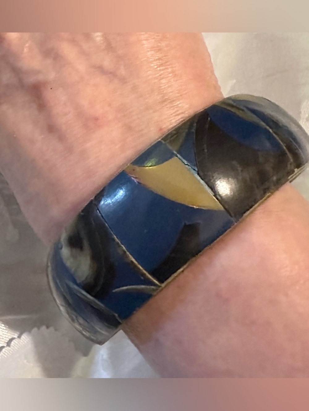 Blue, Brown, White and Black Inlay Bangle Bracelet with Bronze Accents vintage